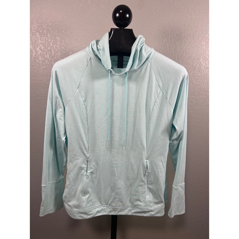 Tommy Bahama IslandZone Women S Blue Cowl Neck Hoodie Zipper Pockets light teal